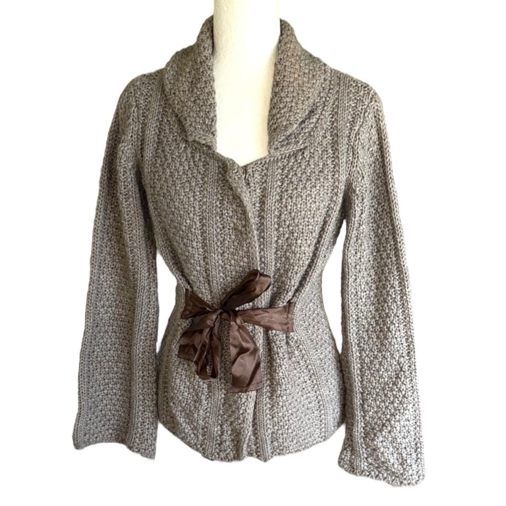 Bianco & Blu Italy Taupe Wool Blend Brown Satin Ribbon Bow Knit Cardigan - S